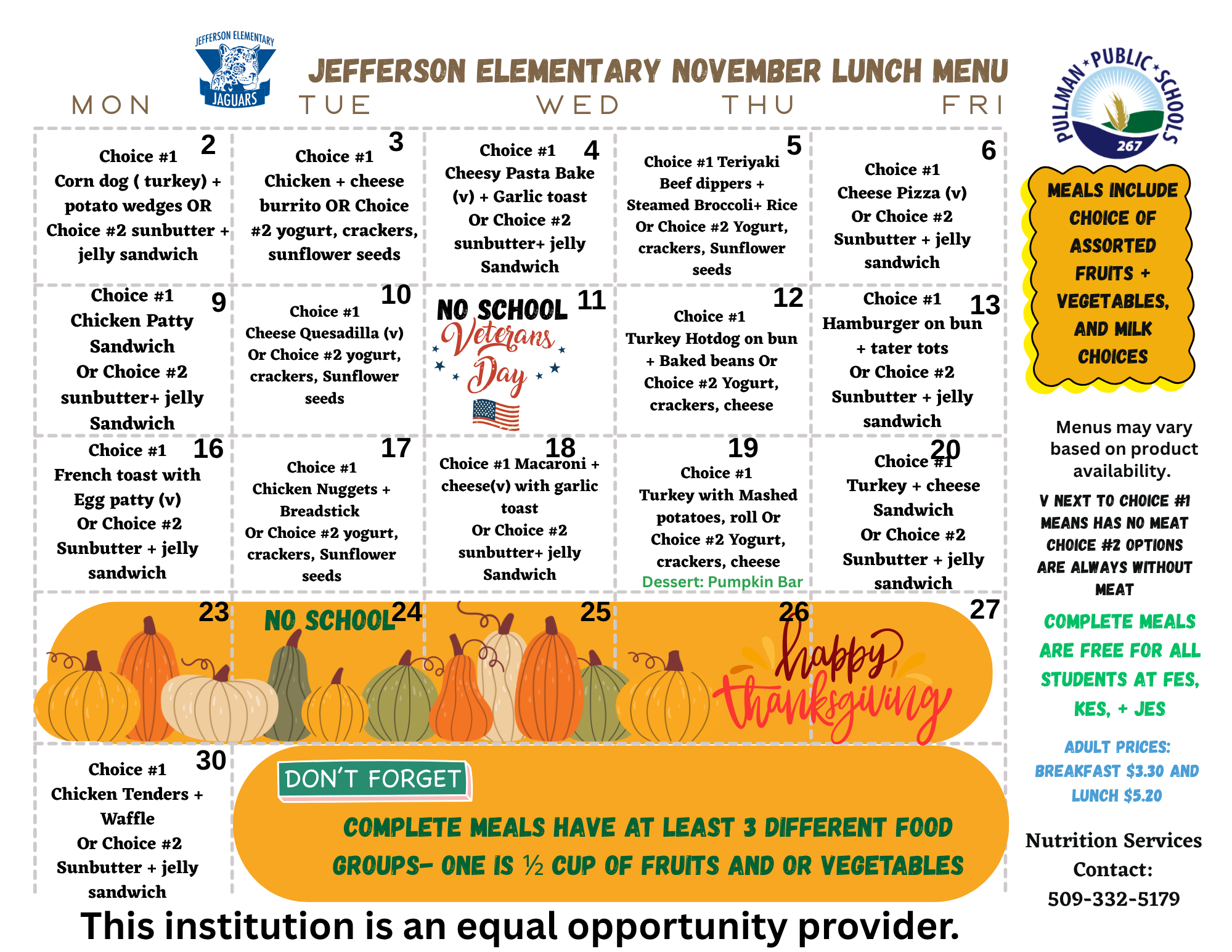 Jefferson Elementary school November lunch menu calendar showing daily meal options from Monday to Friday.